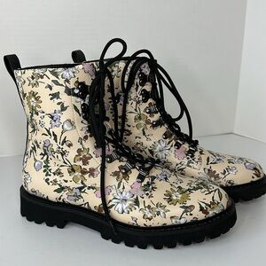 SANCTUARY Mode Floral Leather Ankle Combat Lace-Up Boots Buttercream Size 10